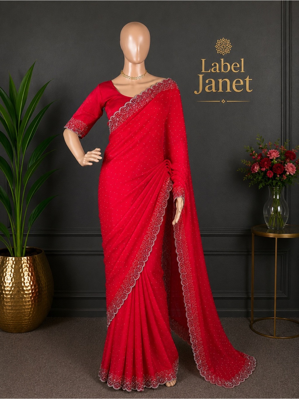 Brand new Red jarkand Diamond space silk saree with stitched blouse (34” - 42”)